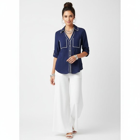 Express Blue & White Portofino Convertible Long Sleeve Button Front Blouse NEW - Picture 5 of 5